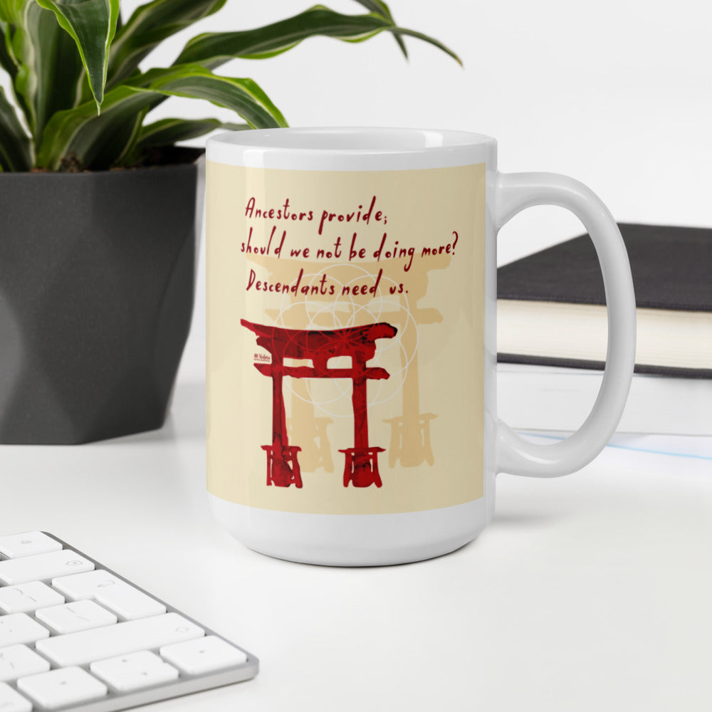 Descendants Need Ancestors Haiku With Pagoda on Glossy Ceramic Mug