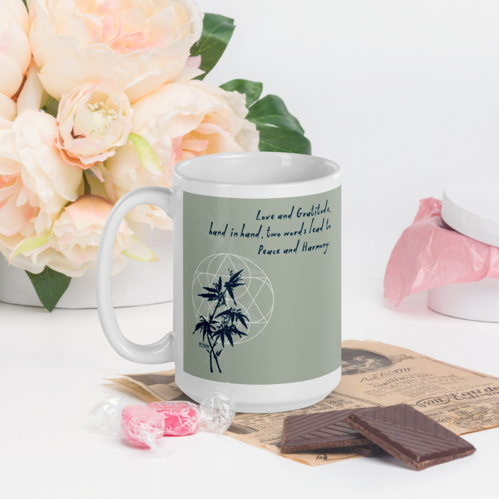 Love Gratitude Peace Harmony Haiku With Bamboo on Glossy Ceramic Mug