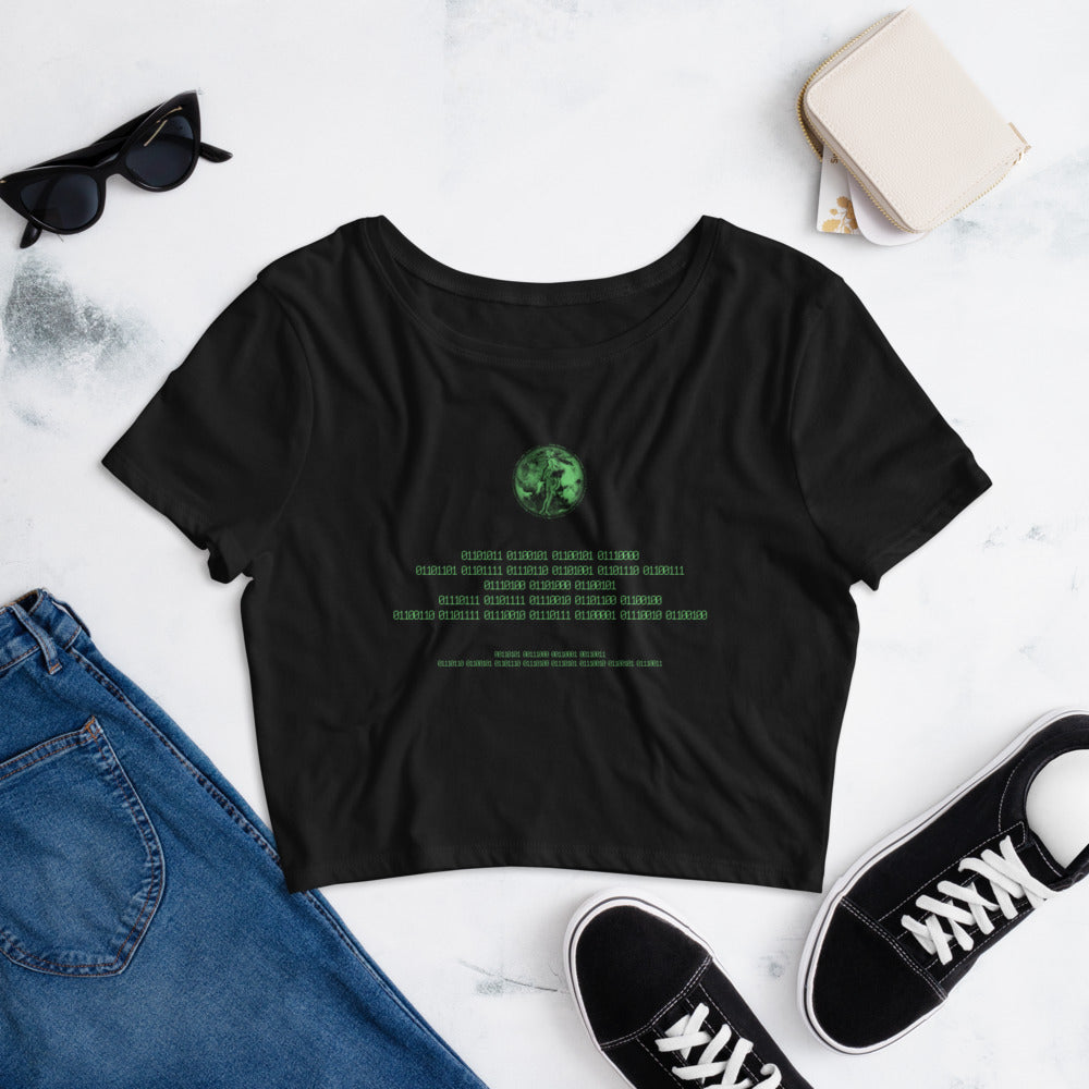 Binary Instructions To Keep Moving The World Forward With Venusian Earth In Green on Women's Crop Tee Shirt