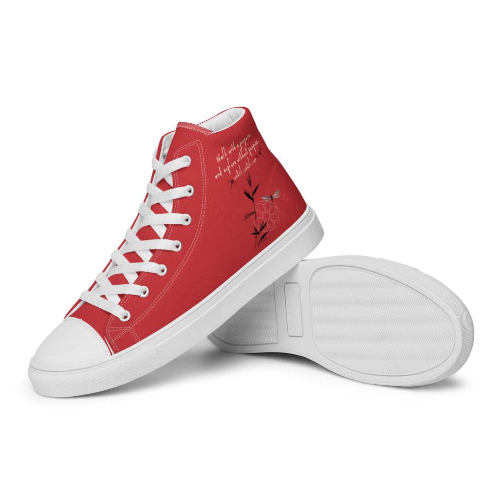 Walk With A Purpose Haiku With Dragonfly on Women's High Top Canvas Shoes