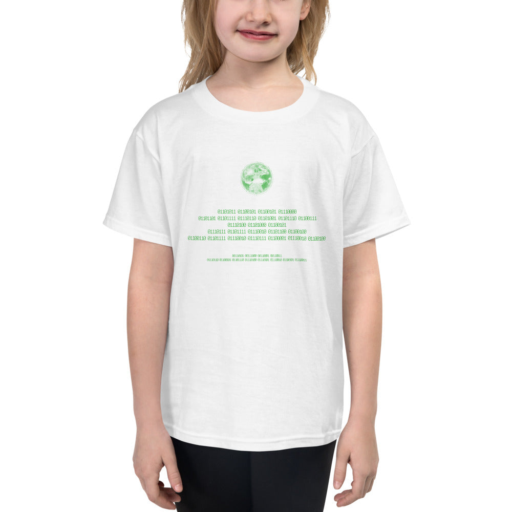 Binary Instructions To Keep Moving The World Forward With Vitruvian Earth In Green on Youth Short Sleeve T-Shirt