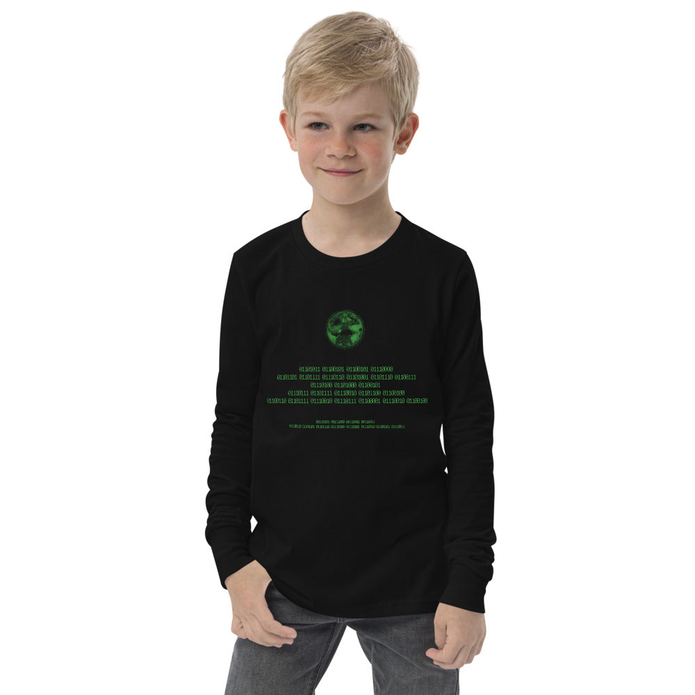 Binary Instructions To Keep Moving The World Forward With Vitruvian Earth In Green on Youth Long Sleeve T-Shirt