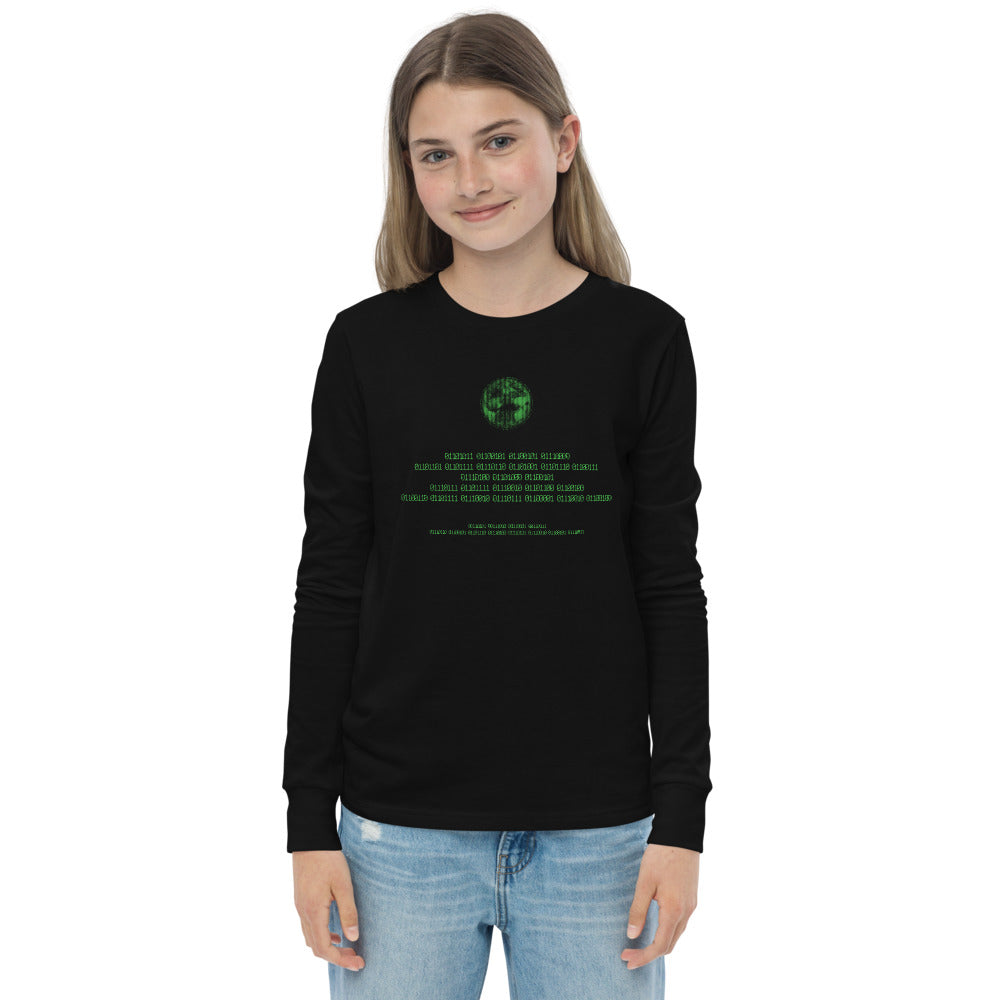 Binary Instructions To Keep Moving The World Forward With Vitruvian Earth In Green on Youth Long Sleeve T-Shirt