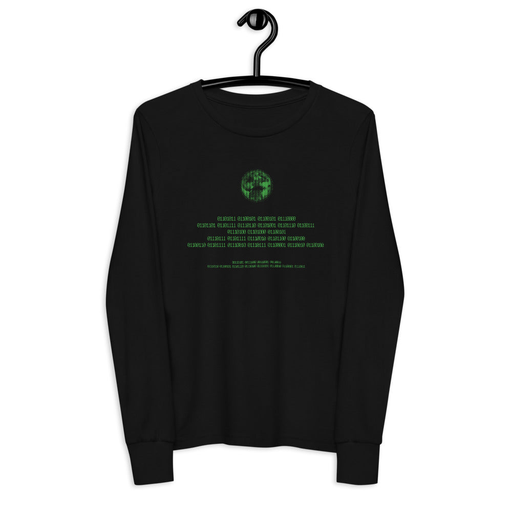 Binary Instructions To Keep Moving The World Forward With Vitruvian Earth In Green on Youth Long Sleeve T-Shirt