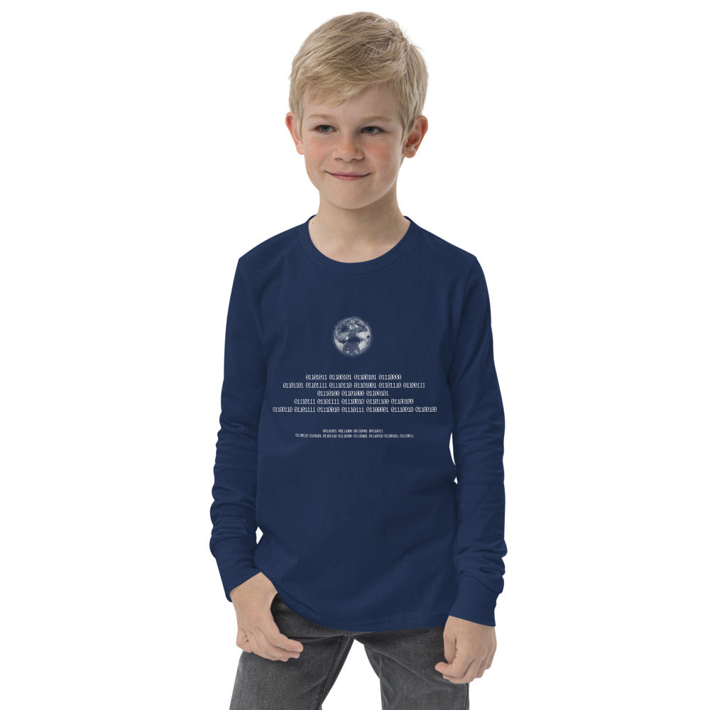 Binary Instructions To Keep Moving The World Forward With Vitruvian Earth In White on Youth Long Sleeve T-Shirt