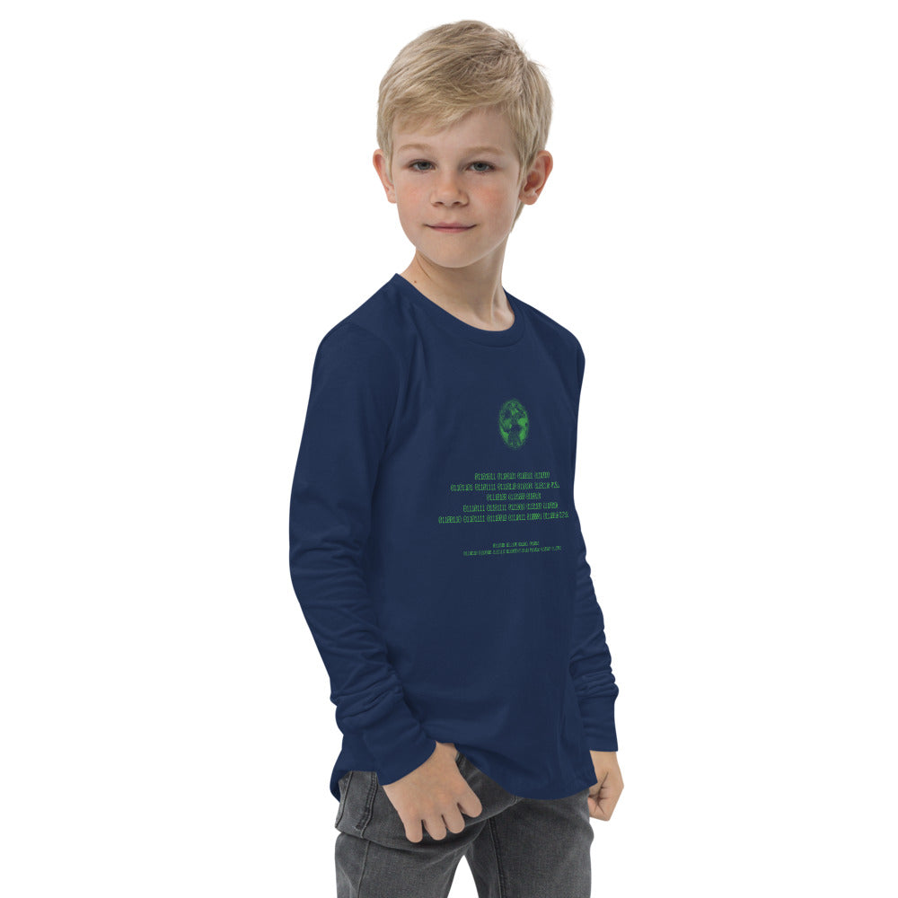 Binary Instructions To Keep Moving The World Forward With Vitruvian Earth In Green on Youth Long Sleeve T-Shirt